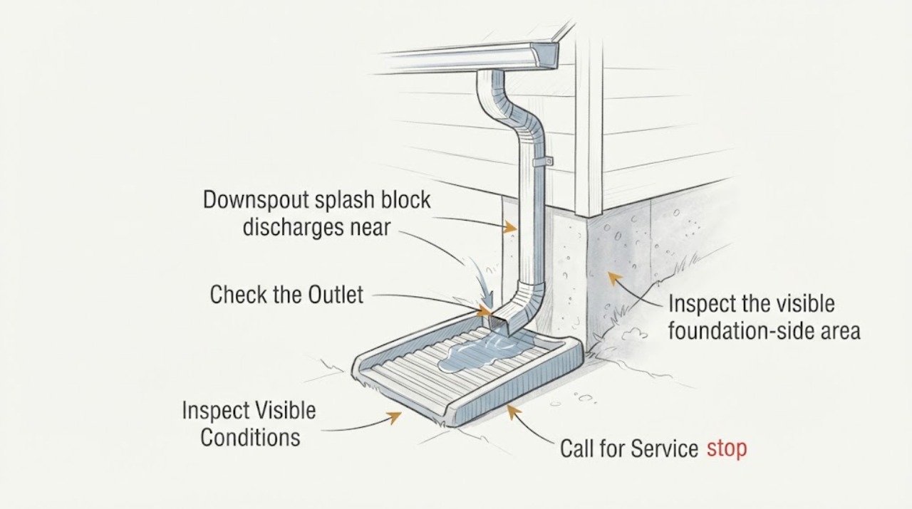 Downspout splash block discharges near