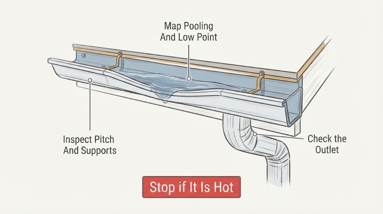 Gutter sagging with water pooling