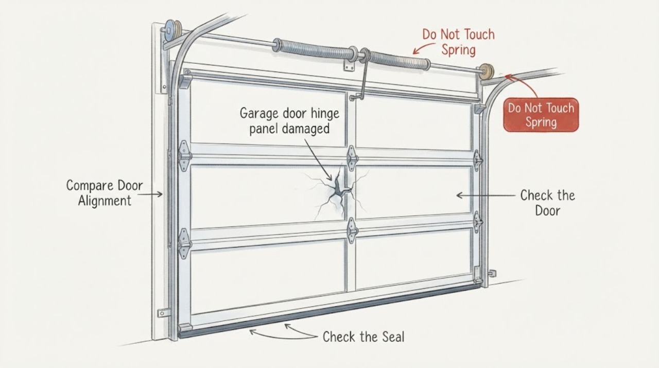 Garage door hinge panel damaged