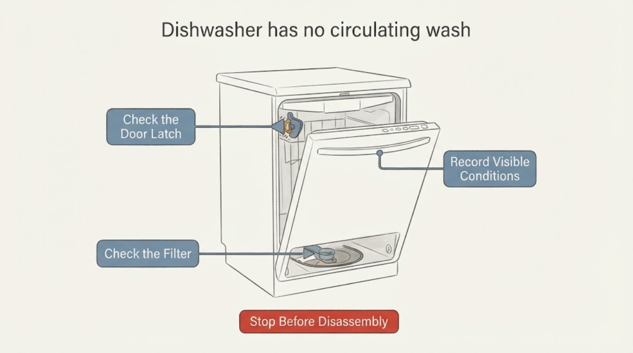 Dishwasher has no circulating wash