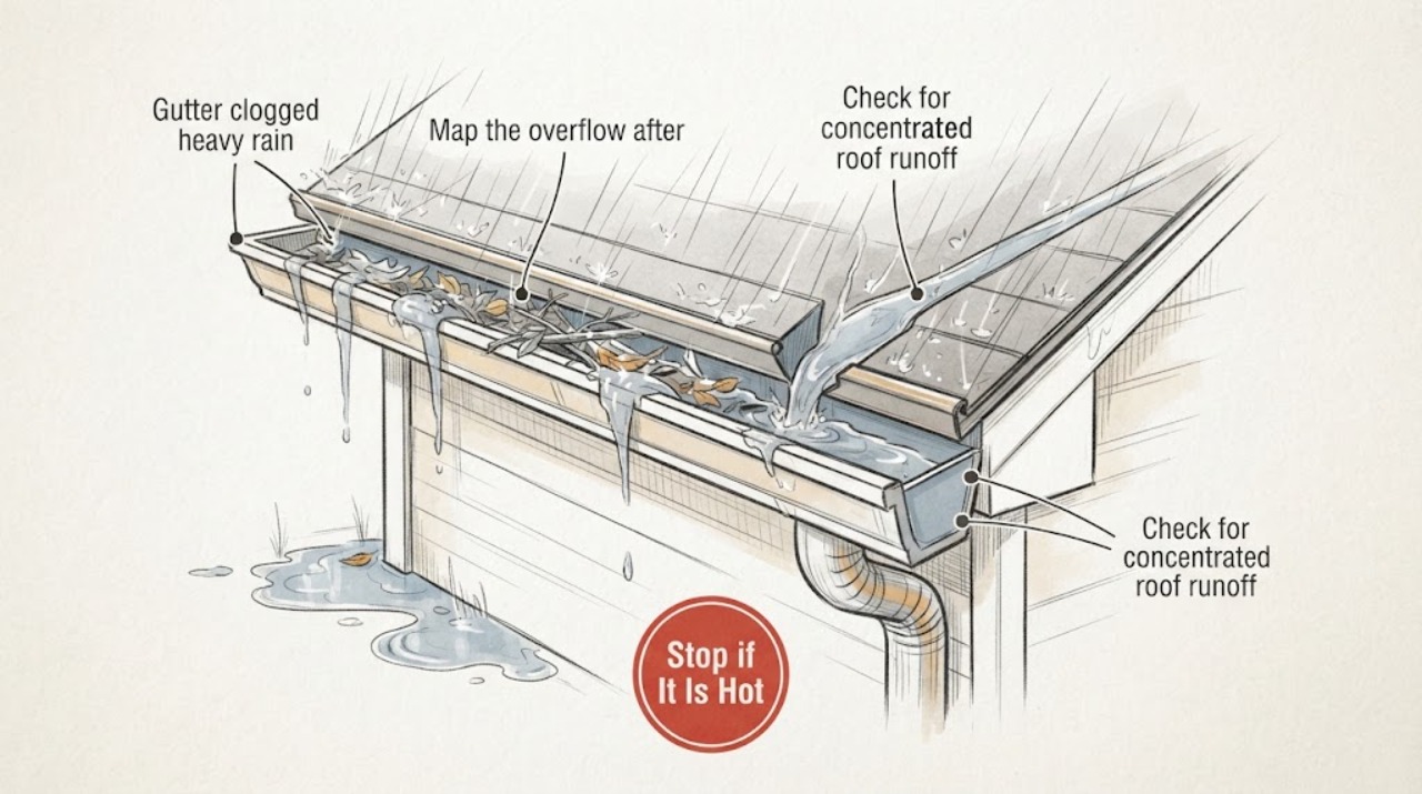 Gutter clogged heavy rain